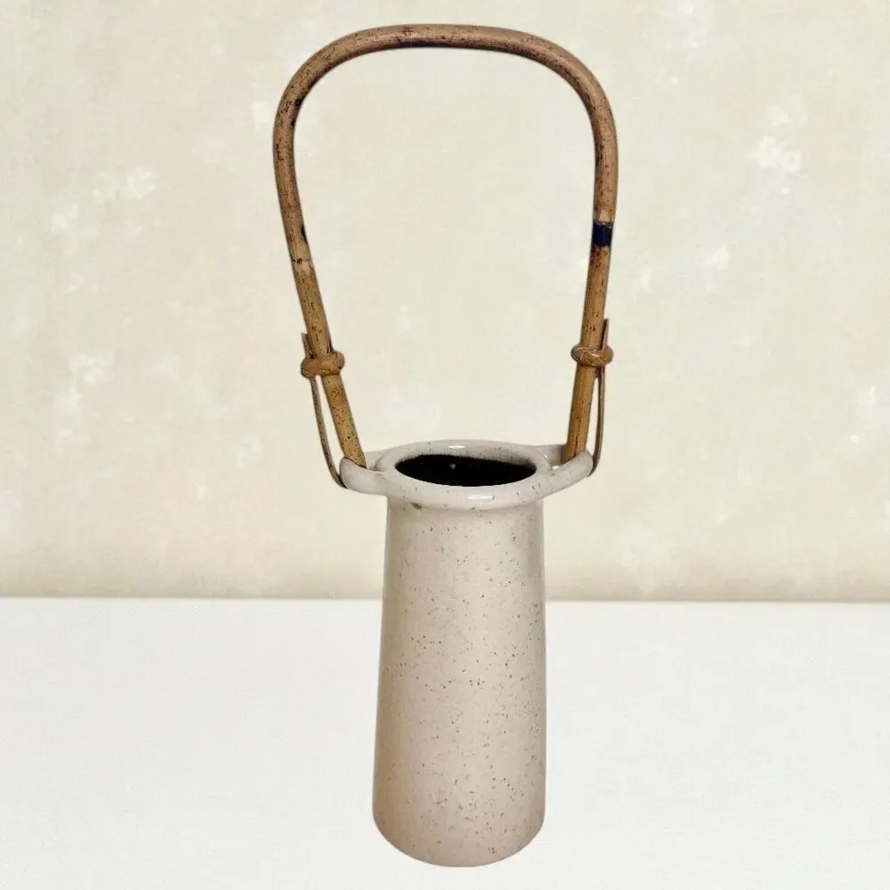 Vase Studio Art Pottery Speckled Stoneware Rattan Handle Organic Basket Decor